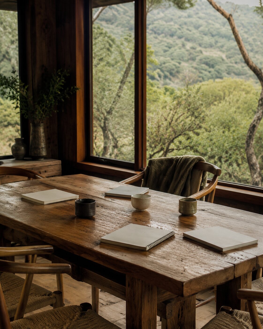A wooden table and chairs in a calm lodge overlooking a green landscape