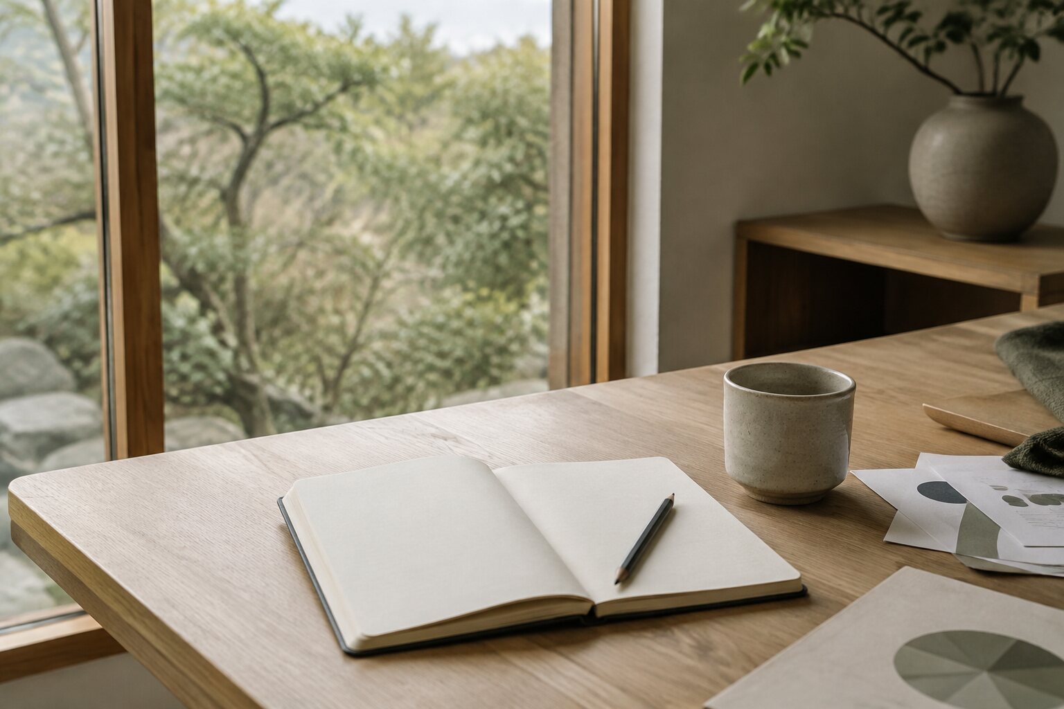 A quiet workspace with a notebook, pencil and cup beside a window